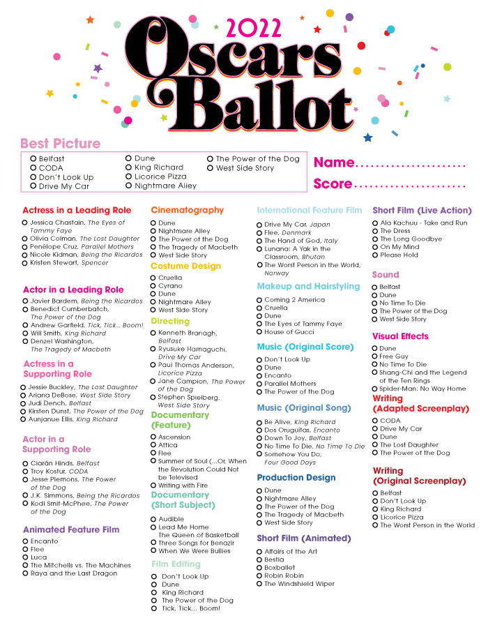 2022 Free Printable Oscar Ballot Studio DIY