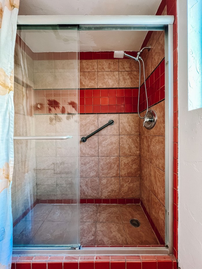 Orange Shower with Door and Curtain