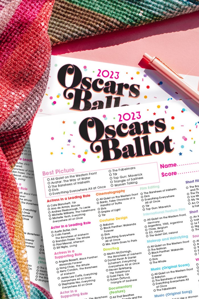 2023 printable Oscar ballot on pink background with sequin stripe fabric