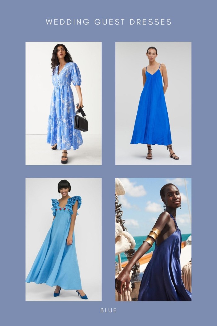 collage of blue dress photos