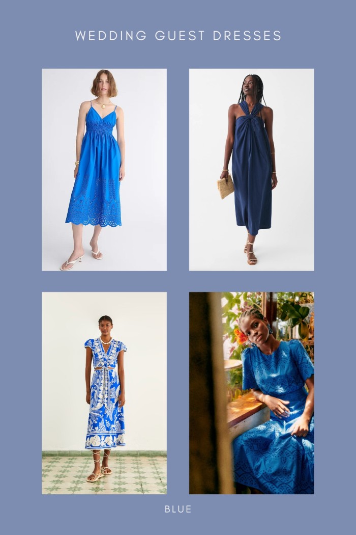 collage of blue dresses for wedding guests