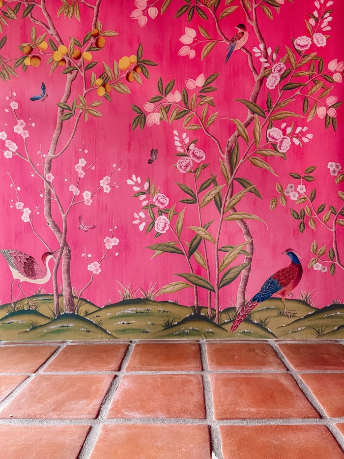 Pink Chinoisserie Wallpaper with terracotta floor