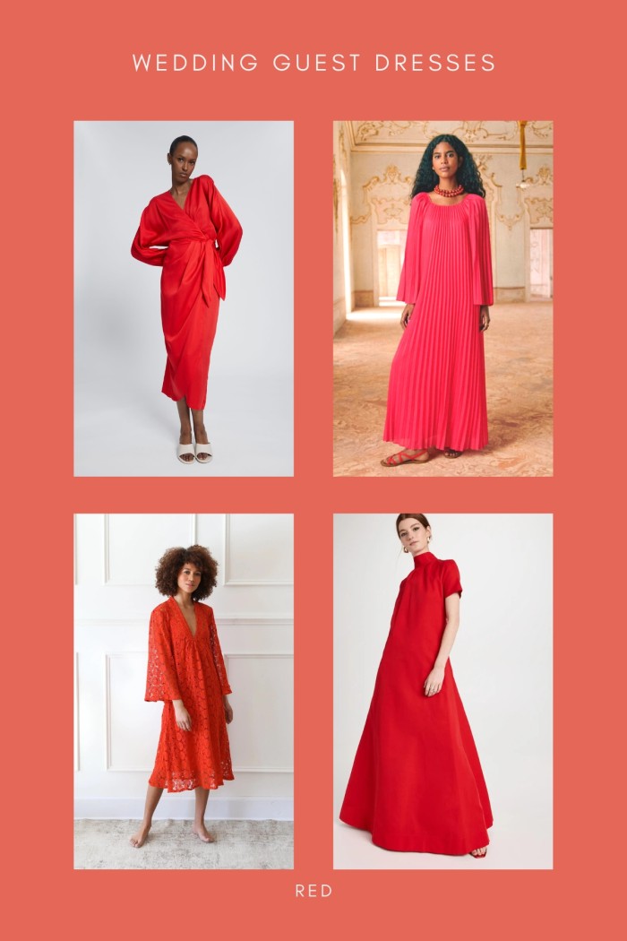 collage of red dresses for wedding guests