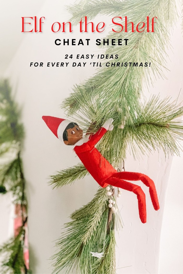 Elf hanging on garland with text saying elf on the shelf cheat sheet
