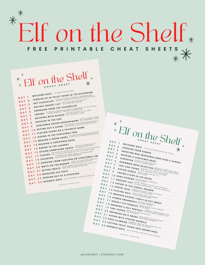 free printable elf on the shelf cheat sheets