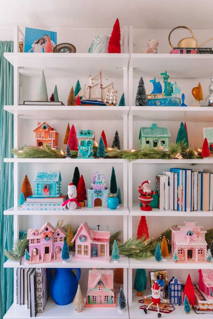 Christmas decorated bookshelves