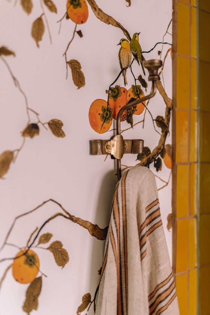 persimmon wallpaper with brass towel hook