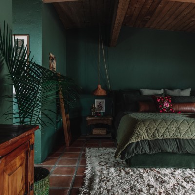 dark green bedroom with shag moroccan rug