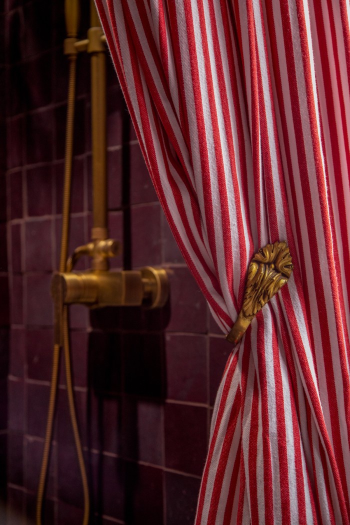 Red striped shower curtain with gold swan neck curtain tie back