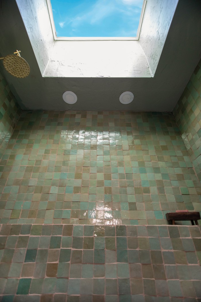 skylight in sage green tiled shower