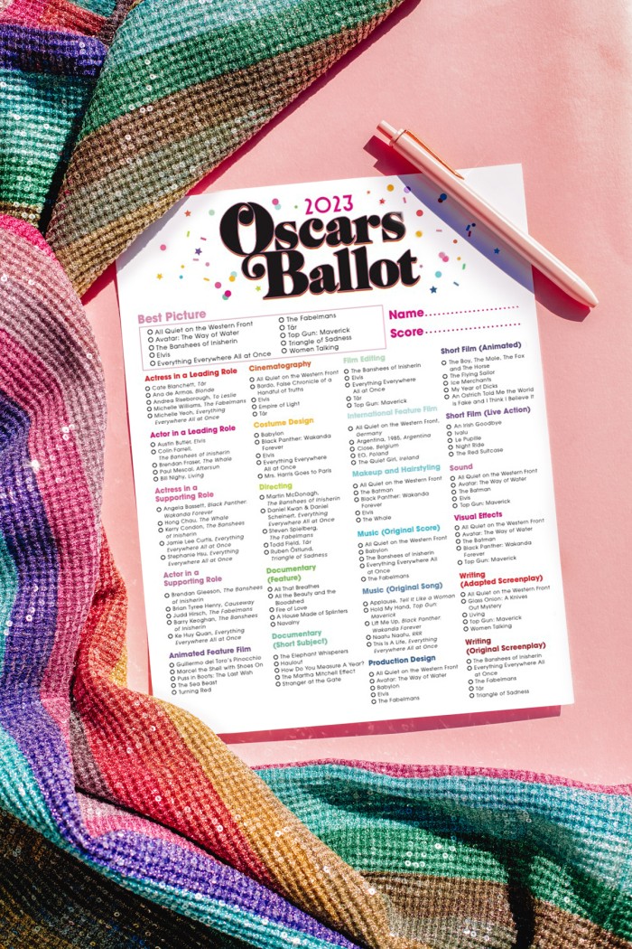 2023 printable Oscar ballot on pink background with sequin stripe fabric