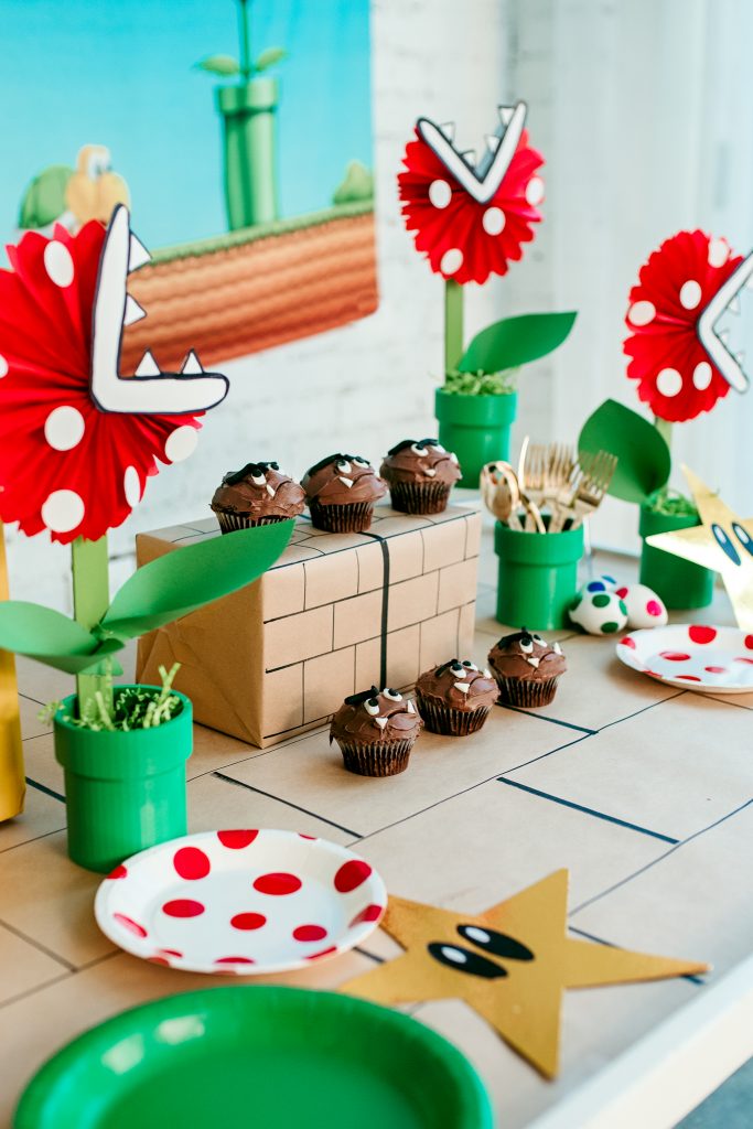Mario themed tablescape with homemade cupcakes.