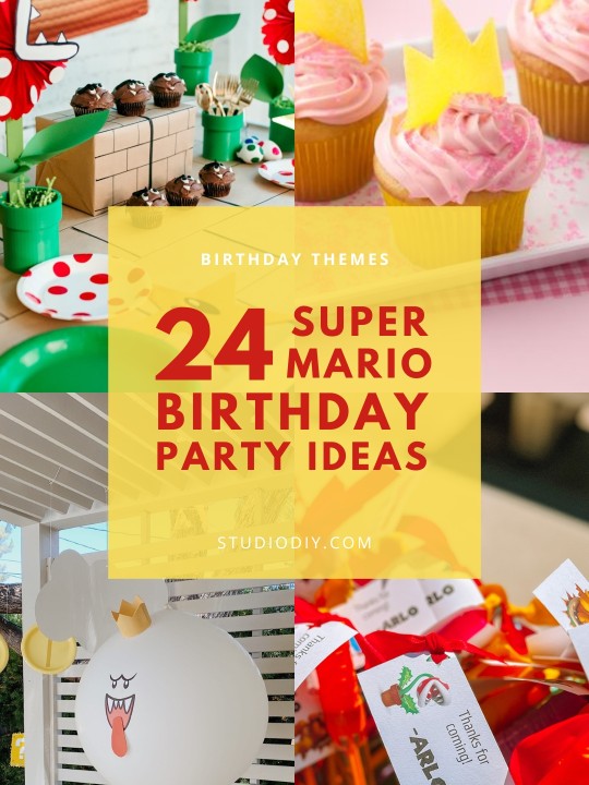 collage of 24 Mario birthday party ideas