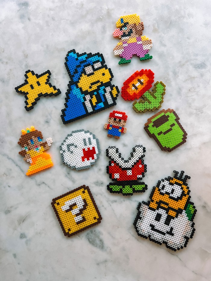 Super Mario themed peeler beads on marble table