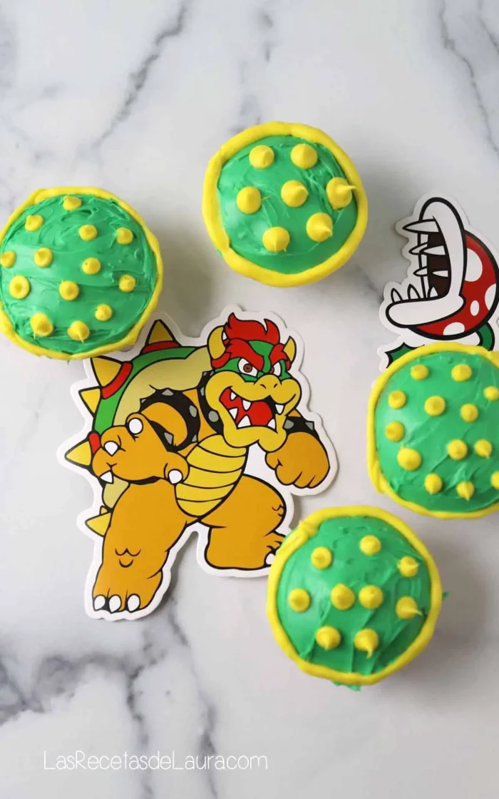 Bowser Shell Cupcakes on a marble table