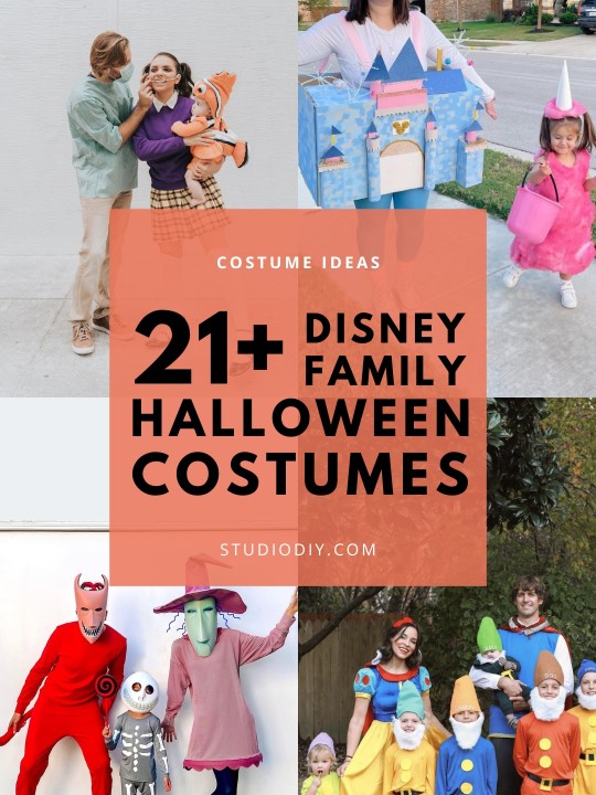 collage of disney family halloween costumes