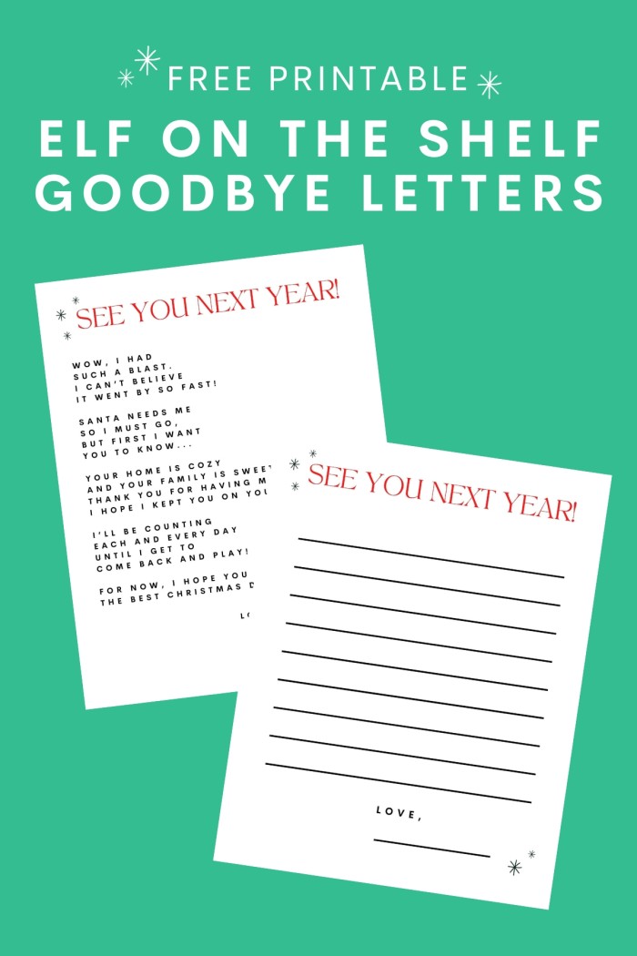 elf on the shelf goodbye letters on green background