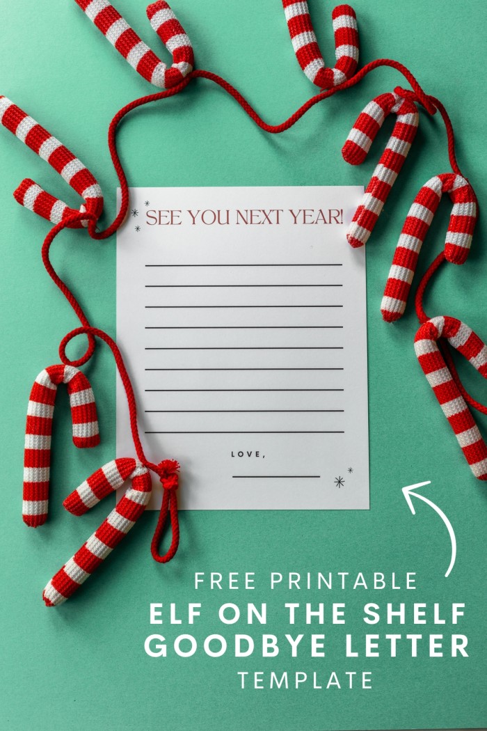 elf goodbye letter template on green background with crocheted candy canes