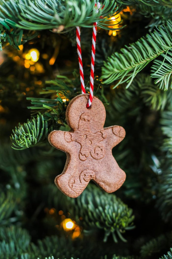 Gingerbread man ornament hanging on a tree. 