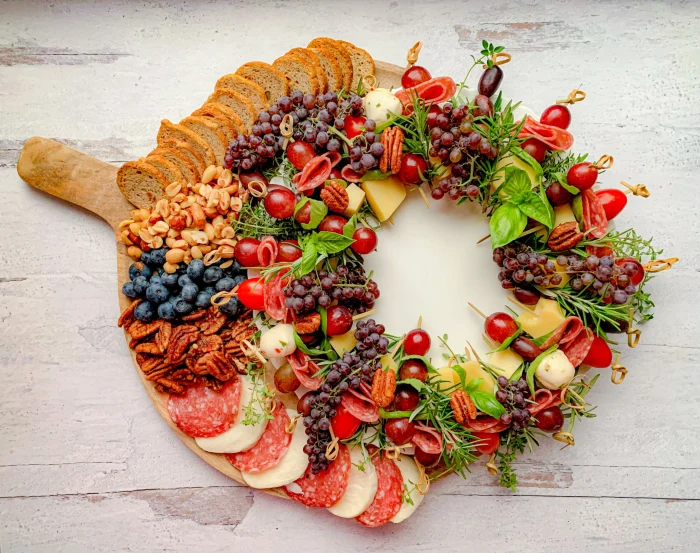 Charcuterie board in the shape of a wreath. 