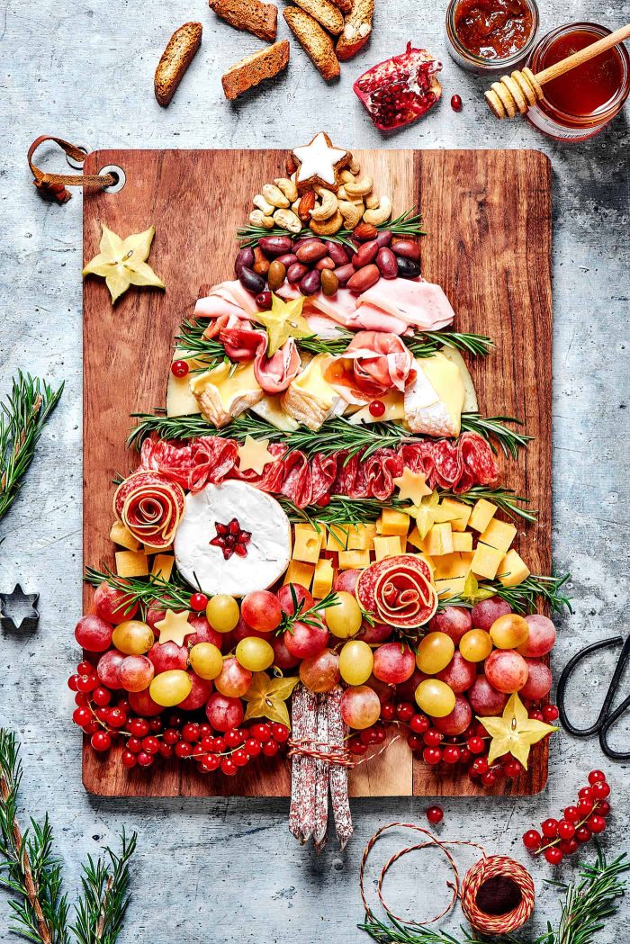 Charcuterie board with meats and cheese in the shape of a Christmas tree. 