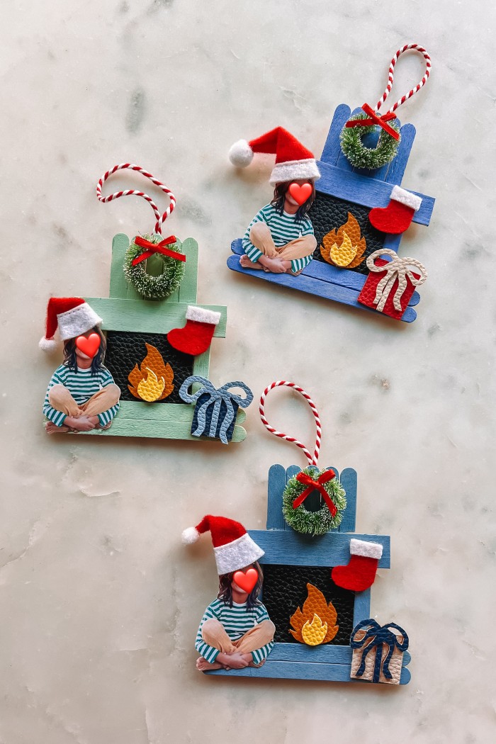 three popsicle stick fireplace ornaments