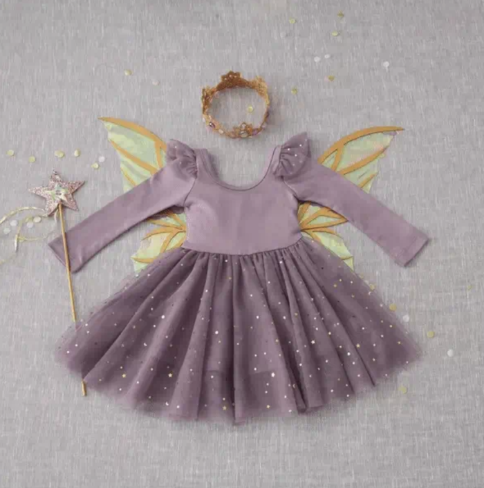 Purple children's dress with wings, a wand and a crown. 