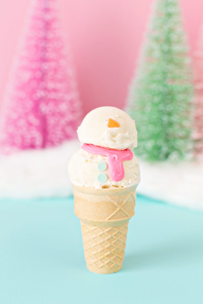 Ice cream cone in the shape of a snowman. 