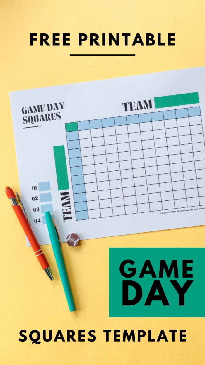 Graphic with text "Free Printable Football Squares" with picture of printable game day squares. 