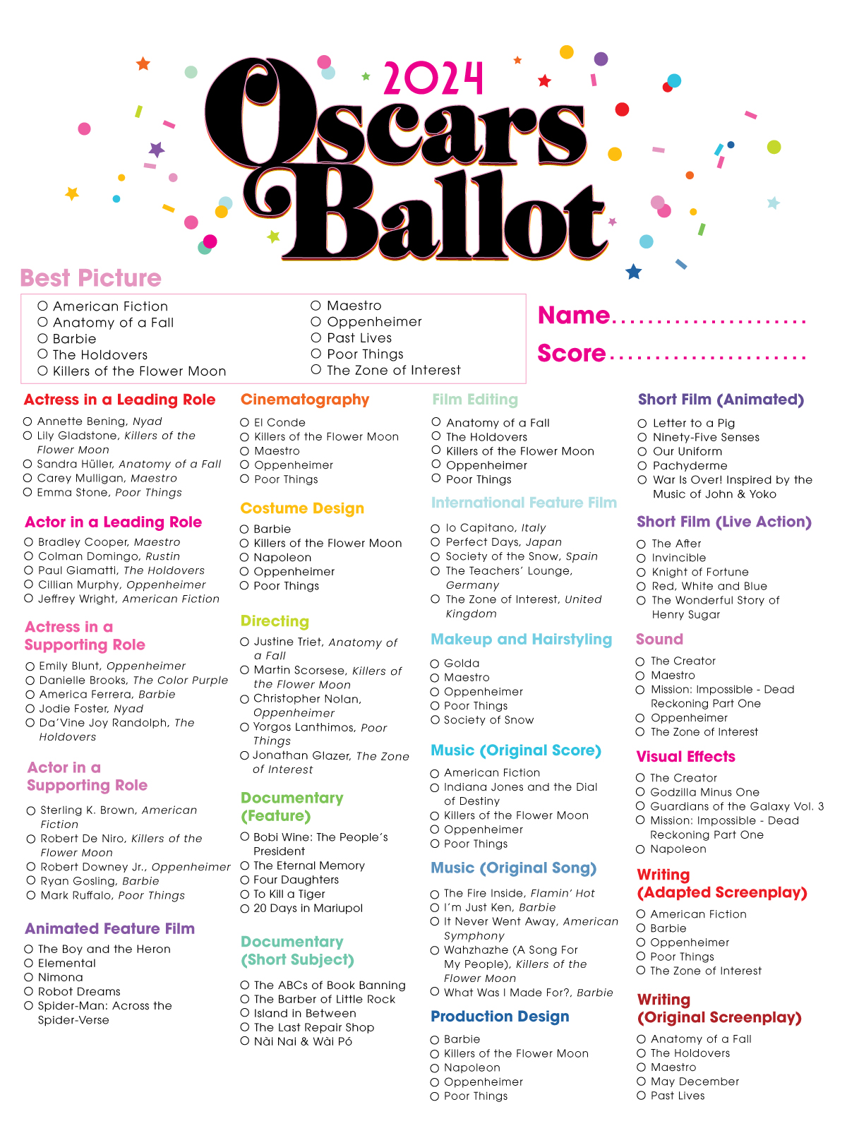 2024 Free Printable Oscar Ballot Studio DIY