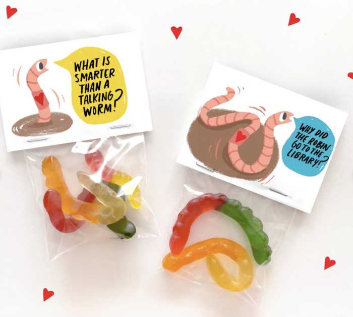 Gummy worm valentine's with packages of gummy worms attached. 
