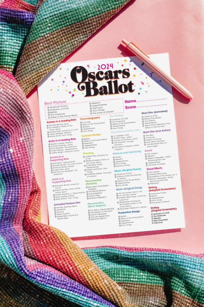 Oscar ballot printable on pink with sequin dress