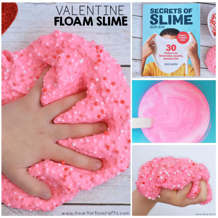 Hand pushing into a pink floam slime in side by side pictures. 