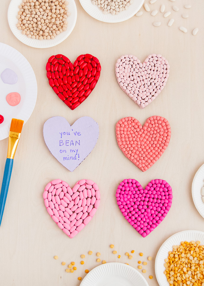 Heart shaped valentines made out of beans. 