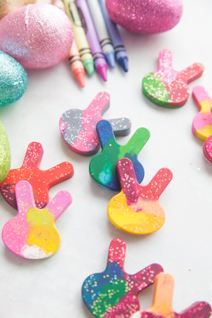 Crayons melted into the shape of bunnies with glitter in them. 