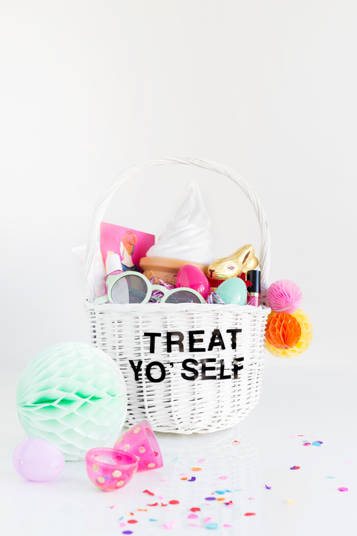 White easter basket with the words "treat yo' self" on it.