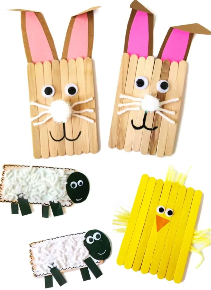Popsicle stick crafts in the shape of bunnies, sheep and chicks. 