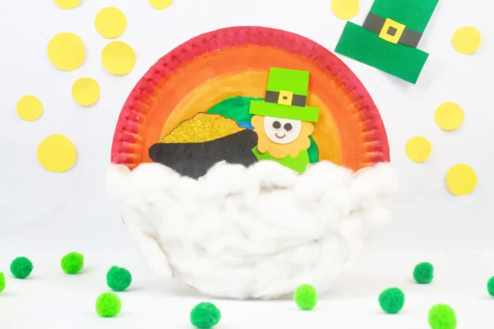 Leprechaun paper plate with a pot of gold and cotton balls. 