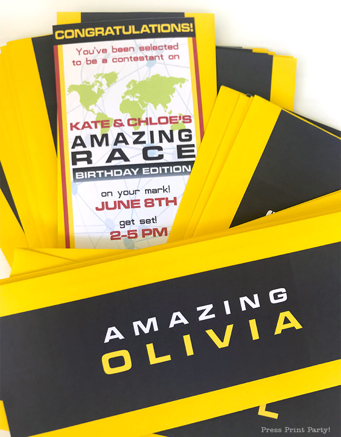 Customized party invitation in the theme of Amazing Race. 