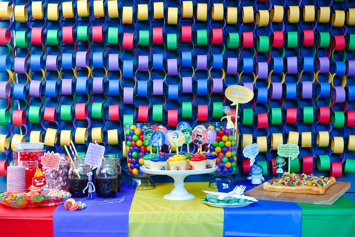 Inside out birthday party table with paper chain link backdrop. 