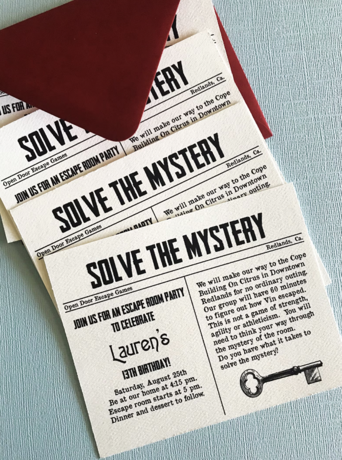Party invitations to an escape room. 