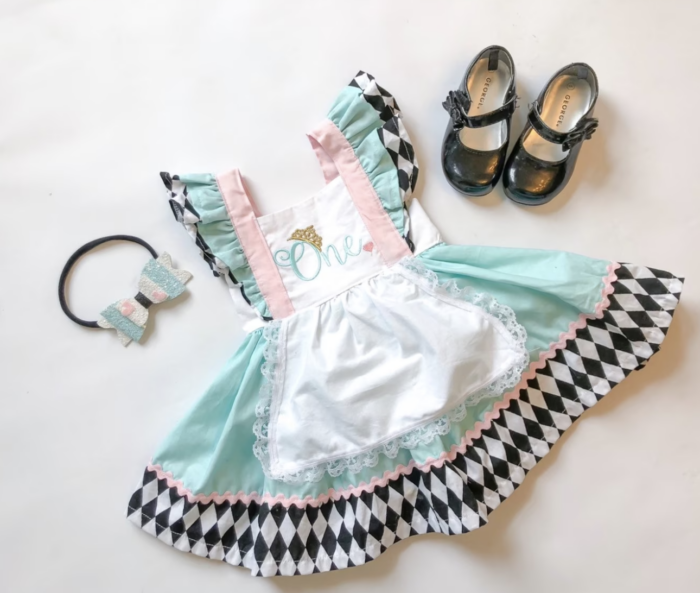 Alice in wonderland dress with headband and shoes. 