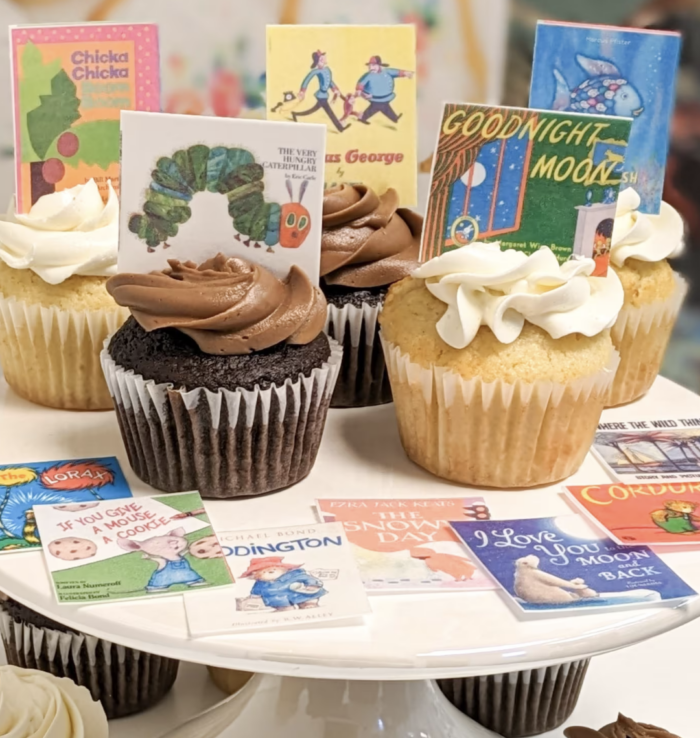 Cupcakes with printed book designs. 