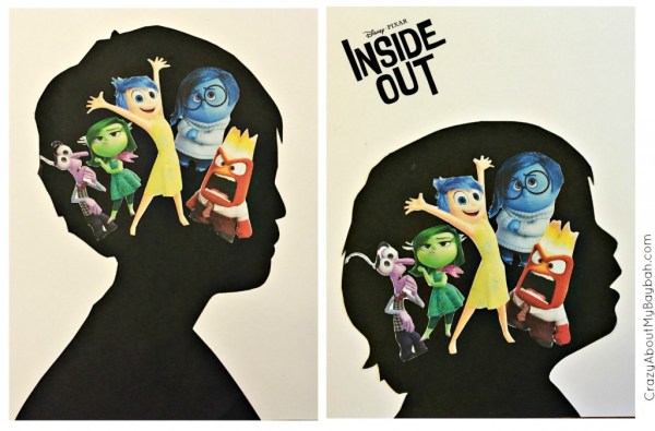 Two black silhouettes with inside out characters inside the heads. 
