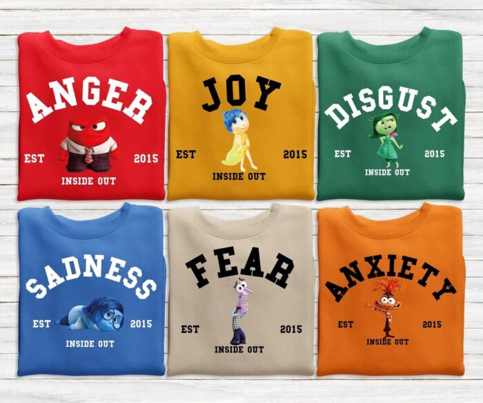 Six sweatshirts with the six emotions from Inside Out. 
