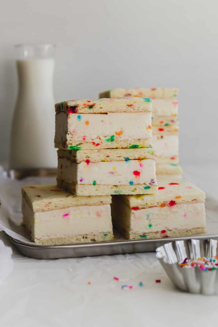 Ice cream sandwiches with birthday sprinkles in them. 