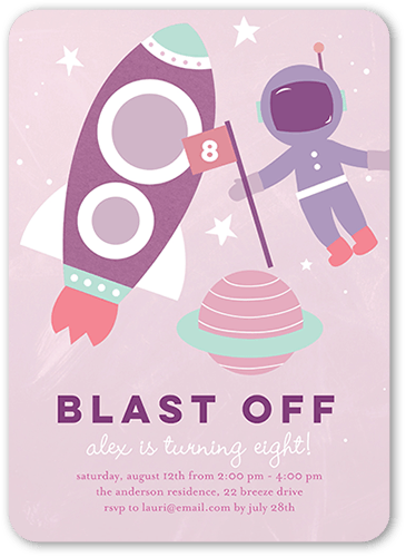 Birthday invitation with text "blast off" and animation of rocket and astronaut. 