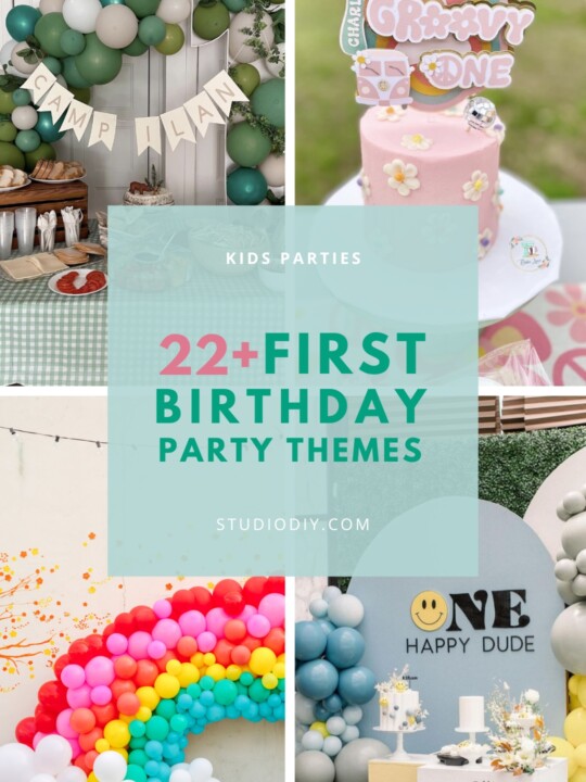 Graphic collage of first birthday party themes