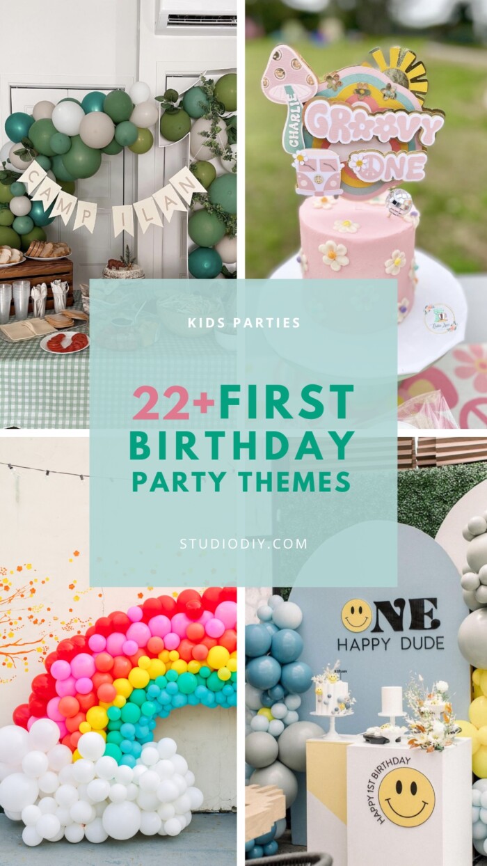 Graphic collage of first birthday party themes