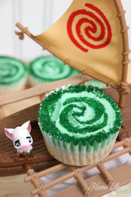Green cupcakes designed like Moana hearts of Te Fiti. 